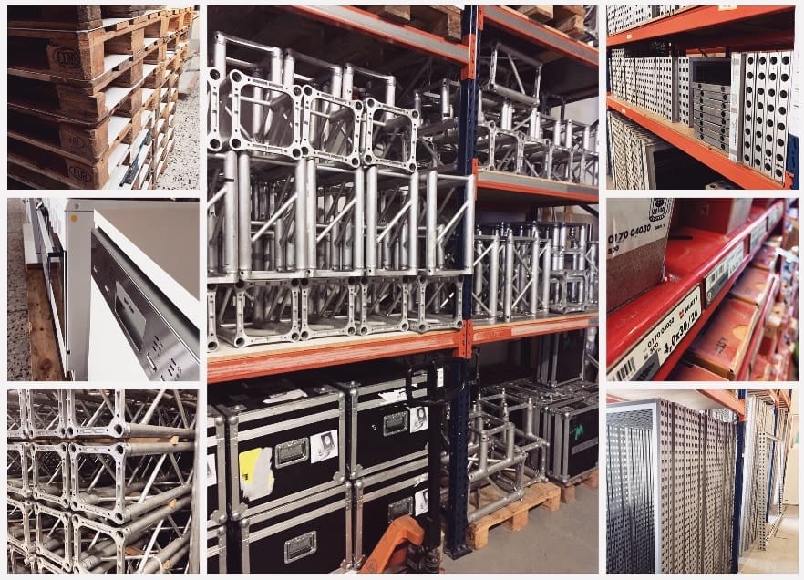 Eine Collage aus Lagerbildern zeigt Metallträger, gestapelte Paletten und Gerätekisten und verdeutlicht die effiziente Einlagerung von Materialien. Ordentlich angeordnet auf stabilen Metallregalen in einer industriellen Umgebung ist jedes Objekt optimal positioniert, um Platz und Zugänglichkeit zu maximieren.