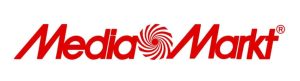 Rotes „Media Markt“-Logo mit einer stilisierten Spiralgrafik zwischen den Wörtern.