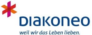 Logo von Diakoneo mit einem farbenfrohen geometrischen Sterndesign auf der linken Seite. Das Wort „Diakoneo“ ist fettgedruckt und blau, darunter steht der Satz „weil wir das Leben lieben“ in kleinerer, kursiver blauer Schrift.
