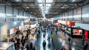 Im geschäftigen Consumenta-Kongresszentrum herrscht reges Treiben. Zahlreiche Menschen strömen durch den breiten Gang. Auf beiden Seiten säumen Stände mit verschiedenen Marken und Produkten, während die Halle dank großer Fenster und hoher Decken hell erleuchtet ist.