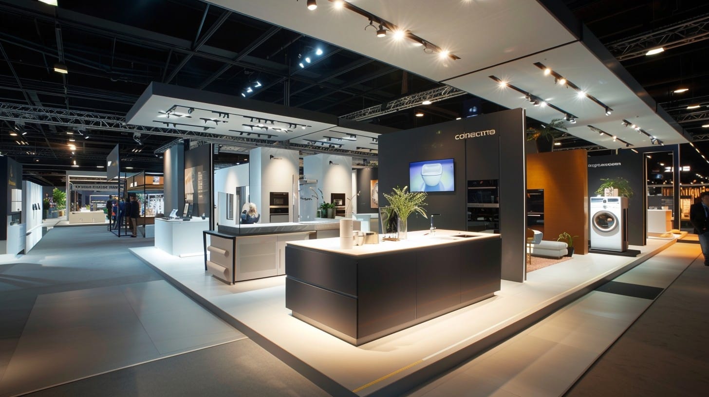 Der Messestand der Consumenta besticht durch sein elegantes schwarz-weißes Design mit Geräten, Bildschirmen und einer zentralen Theke mit dekorativen Pflanzen. Deckenleuchten sorgen für eine wunderschöne Beleuchtung der großzügigen Messehalle.