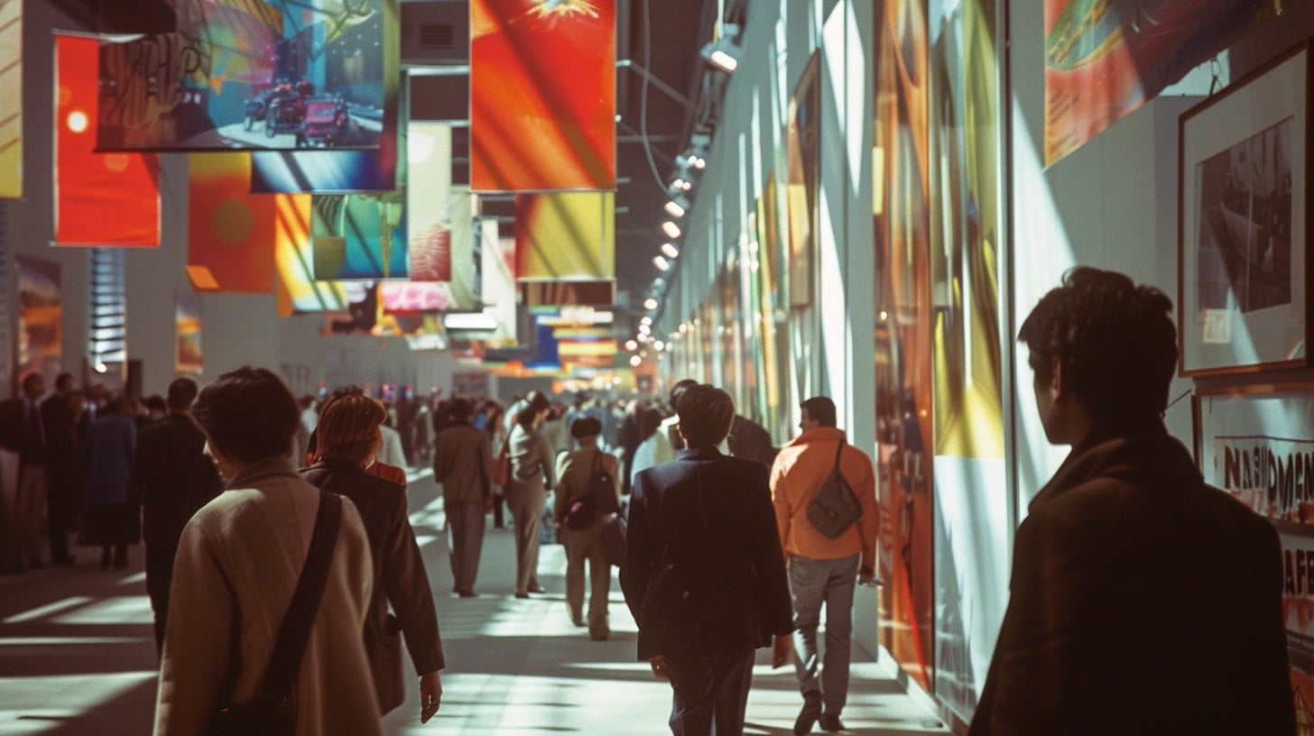 Eine geschäftige Kunstausstellung in der Consumenta mit bunten Bannern an der Decke. Menschen schlendern durch den hellen Raum, manche bleiben stehen, um die Kunstwerke an den Wänden zu betrachten. Die Atmosphäre ist lebendig und dynamisch.