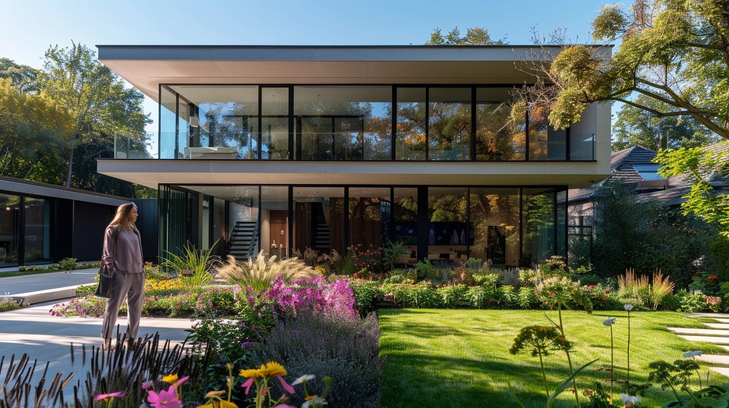 Ein modernes zweistöckiges Glashaus ist von einem üppigen Garten mit bunten Blumen und Grünpflanzen umgeben und verkörpert den Consumenta-Geist. Eine Person in Freizeitkleidung schlendert im Vordergrund unter einem klaren, sonnigen Himmel, der sanftes Licht und Schatten wirft, auf einem Weg entlang.