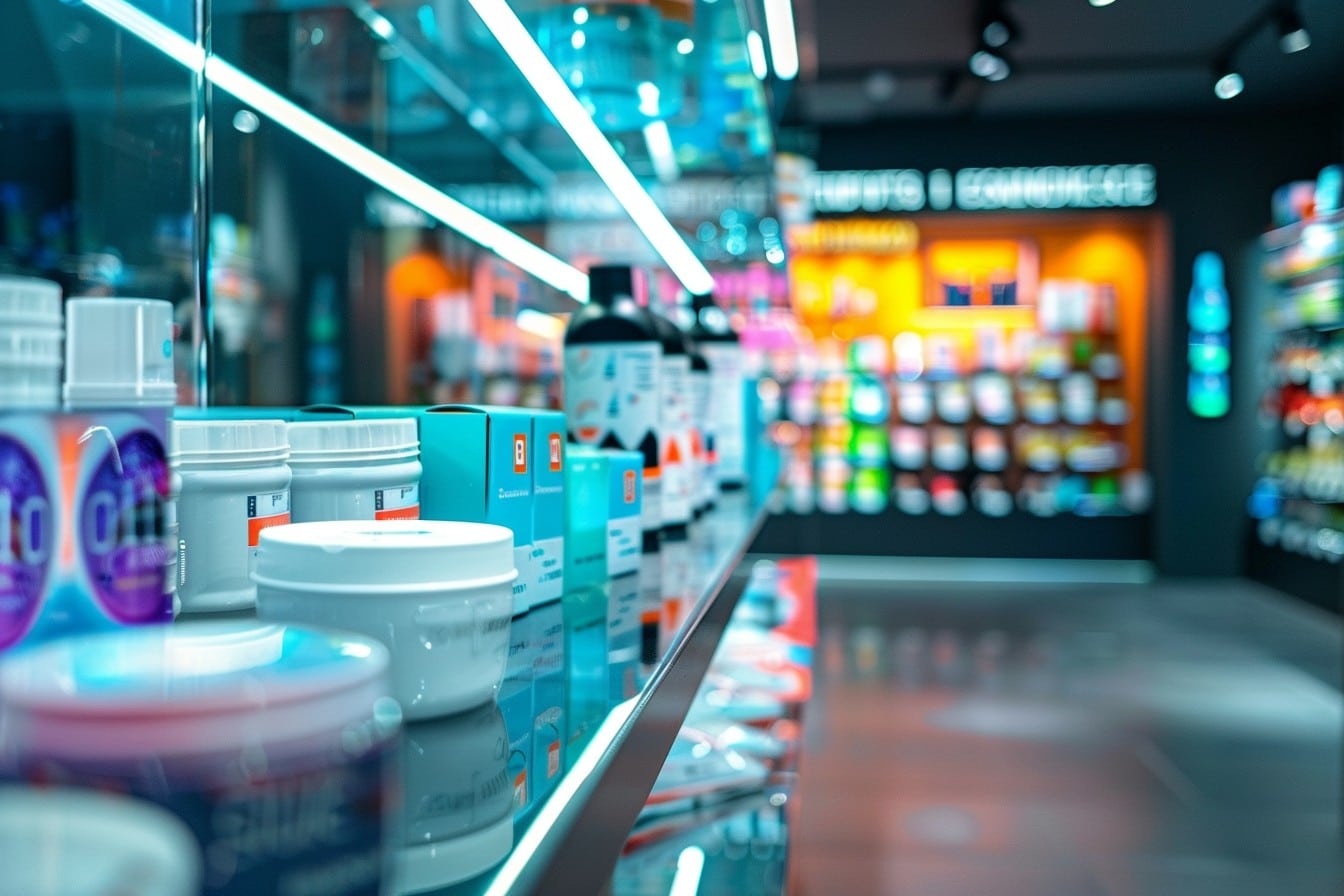 Ein lebhafter Gang in einem Reformhaus oder einer Apotheke, der an eine Fachpack-Ausstellung erinnert, präsentiert eine Vielzahl von Produkten. Im Detail werden Gläser und Schachteln im Regal hervorgehoben, während im Hintergrund unscharfe Regale unter hellem Licht buntere Schachteln und Flaschen präsentieren.