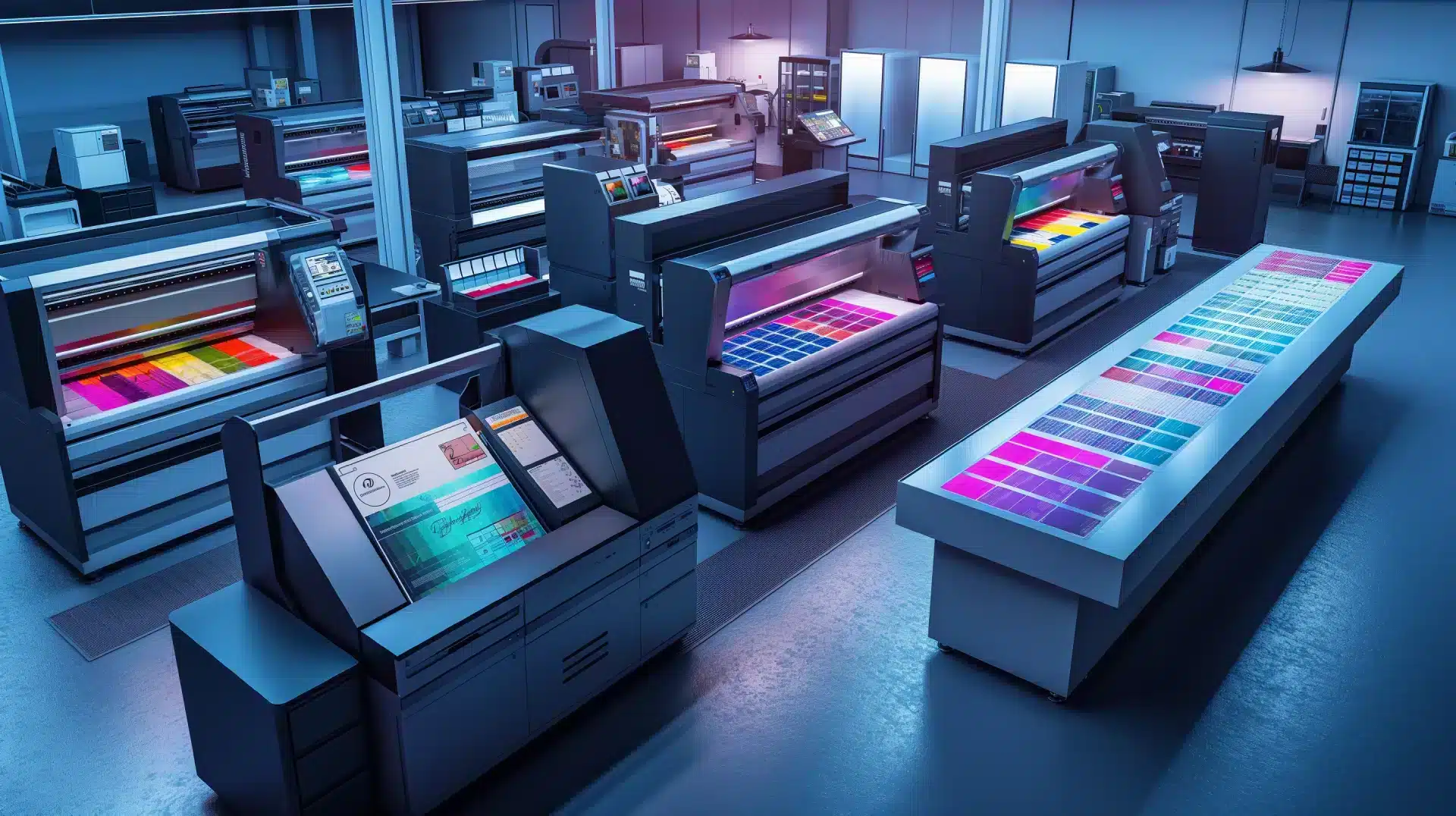 Eine moderne Druckerei gleicht einem gut organisierten Messestand, an dem mehrere große Digitaldruckmaschinen und farbenfrohe Ausdrucke präsentiert werden. Der Raum ist gut beleuchtet und präsentiert fortschrittliche Drucktechnologie sowie farbenfrohe Papiermuster, die übersichtlich auf einem zentralen Tisch angeordnet sind.
