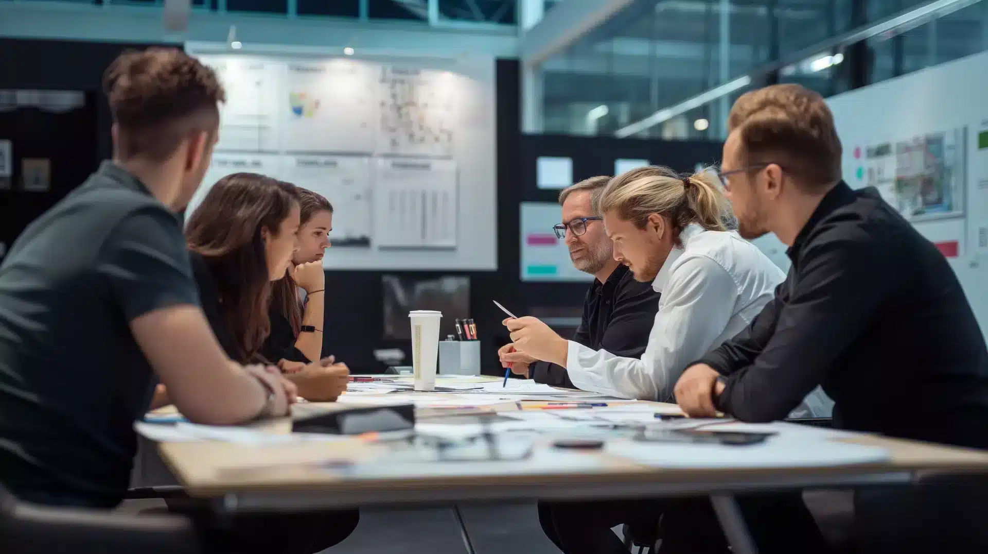 Eine Gruppe von sechs Personen sitzt in einem modernen Büro um einen Konferenztisch und bespricht die Kosten eines Messestands. Papiere, Kaffeetassen und Stifte liegen verstreut auf dem Tisch. Diagramme und Schaubilder bedecken die Wand im Hintergrund.