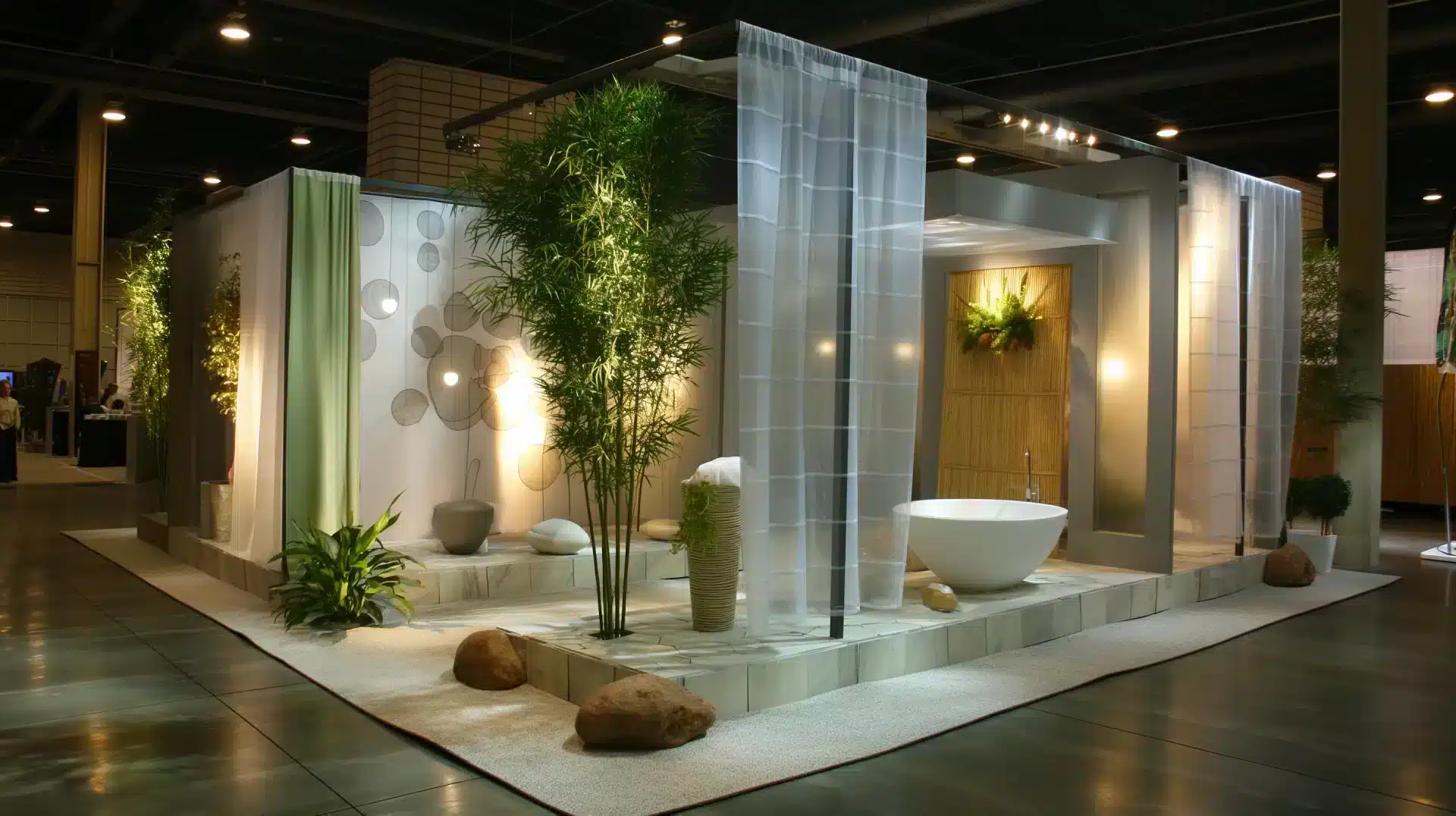 Ein modernes, minimalistisches Badezimmer auf einer Messe präsentiert einen nachhaltigen Messestand mit freistehender Badewanne, hohen Bambuspflanzen und weißen Gardinen. Sanftes Ambientelicht unterstreicht die Einrichtung mit Steinen und einem naturalistischen Wandbild.