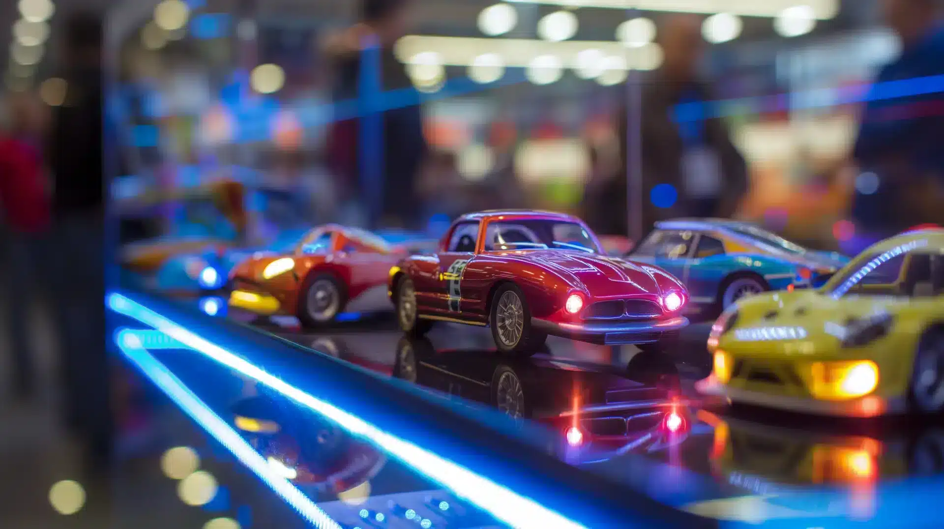 Nahaufnahme farbenfroher Miniatur-Spielzeugautos in einer Glasvitrine mit spiegelnder Oberfläche. Der Hintergrund ist sanft verschwommen und hebt die leuchtenden Rot-, Gelb- und Blautöne der Modelle hervor. Helle Lichter schaffen eine lebendige Atmosphäre, die an die Spielwarenmesse Nürnberg erinnert.