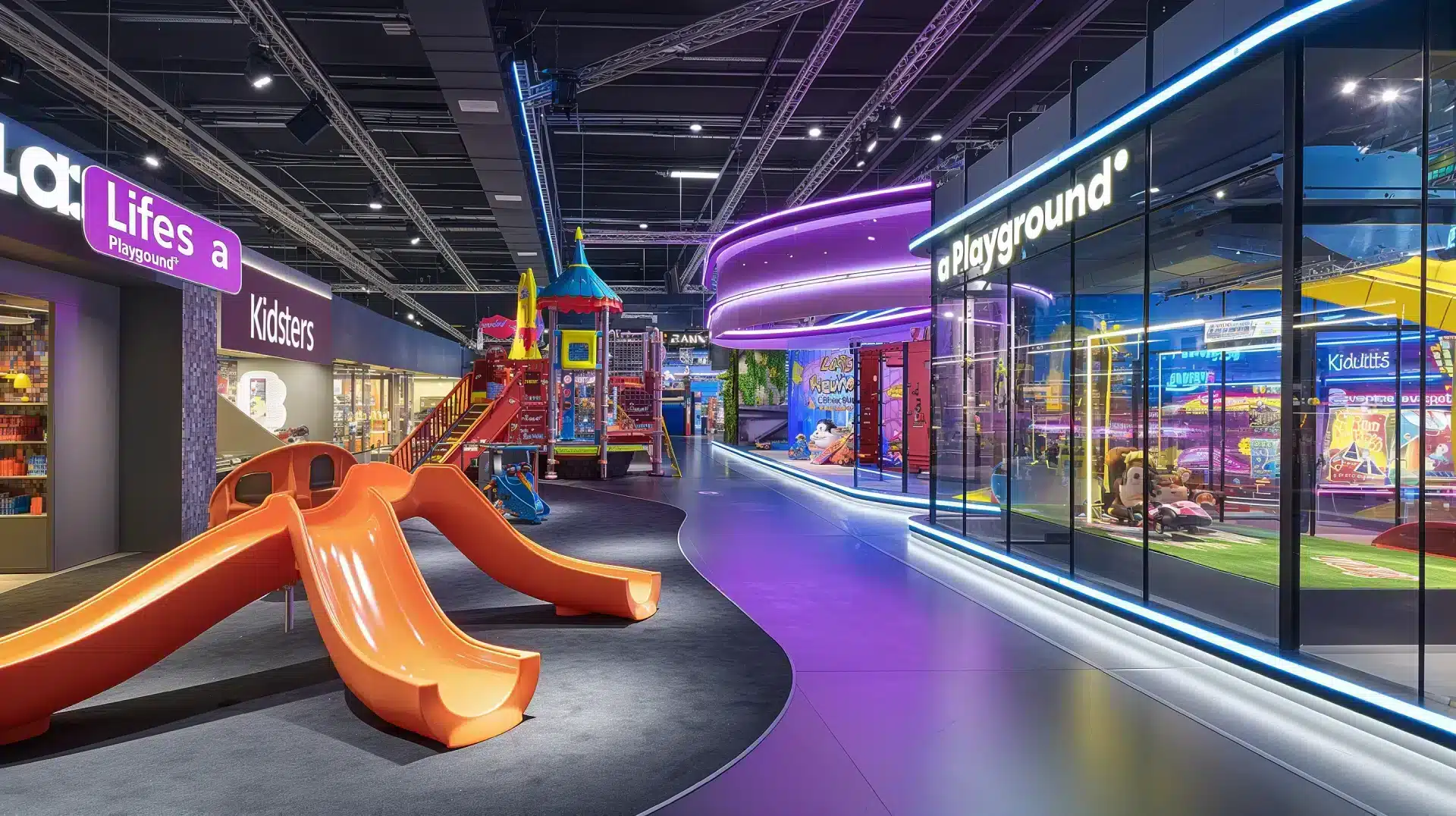 Ein lebendiger Indoor-Spielplatz mit einer orangefarbenen Rutsche, bunten Klettergerüsten und Leuchtreklamen, die an die Spielwarenmesse Nürnberg erinnern. Helles Neonlicht und eine moderne Ästhetik schaffen eine einladende Spielatmosphäre für Kinder.