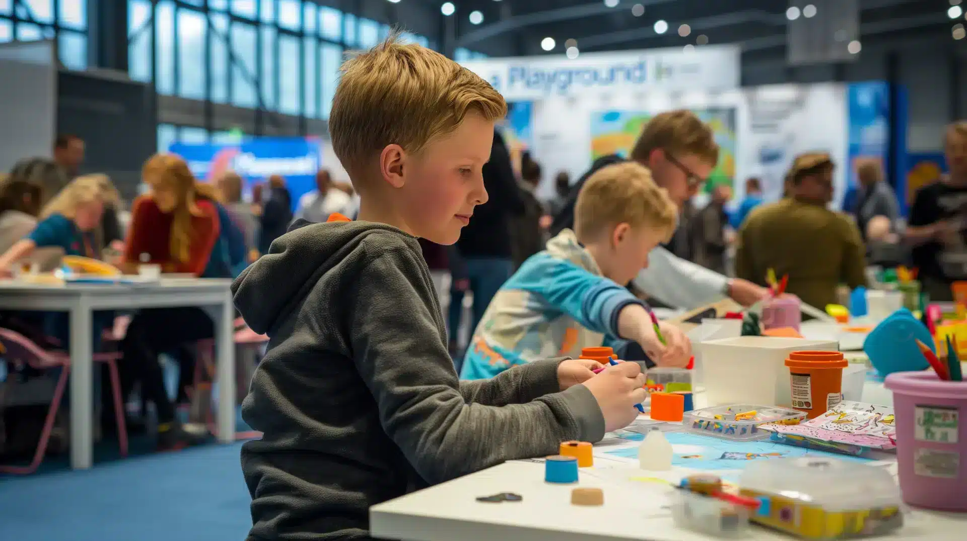 Kinder und Erwachsene beschäftigen sich kreativ an Tischen in einem hellen, belebten Innenraum, der an das geschäftige Treiben der Spielwarenmesse Nürnberg erinnert. Kinder basteln konzentriert, umgeben von bunten Materialien, während der unscharfe Hintergrund auf eine lebhafte, gut besuchte Veranstaltung hindeutet.