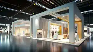 Ein moderner, großzügiger Messestand mit schlichten weißen und holzakzentierten Strukturen unter heller Beleuchtung. Trotz des minimalistischen Designs sind die Messestandkosten gerechtfertigt, da die Besucher in diesem offenen Aufbau aktiv mit den Displays und Informationsständen interagieren.