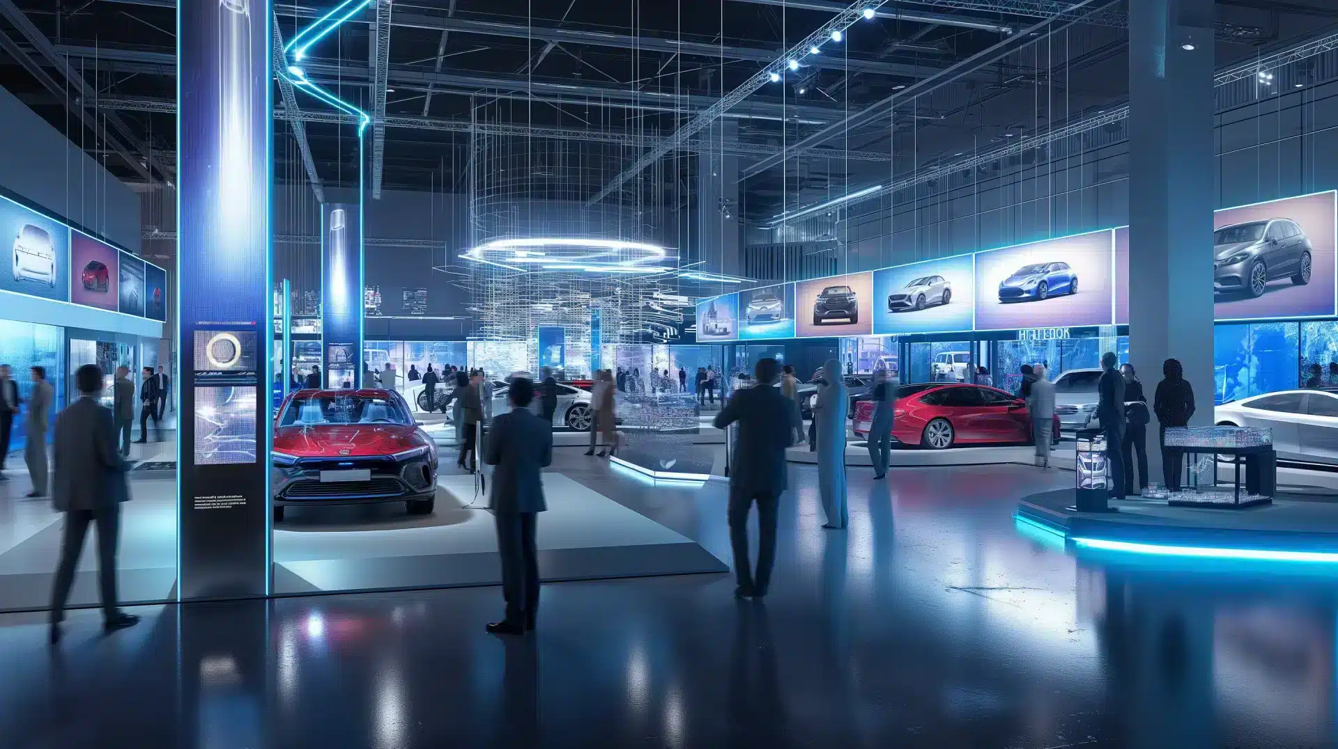 Die Automechanika präsentiert ein futuristisches Spektakel mit eleganten Fahrzeugen unter blauem Licht. Besucher schlendern durch die Hightech-Atmosphäre und entdecken verschiedene Automodelle sowie digitale Bildschirme mit hochmodernen Bildern und Informationen.