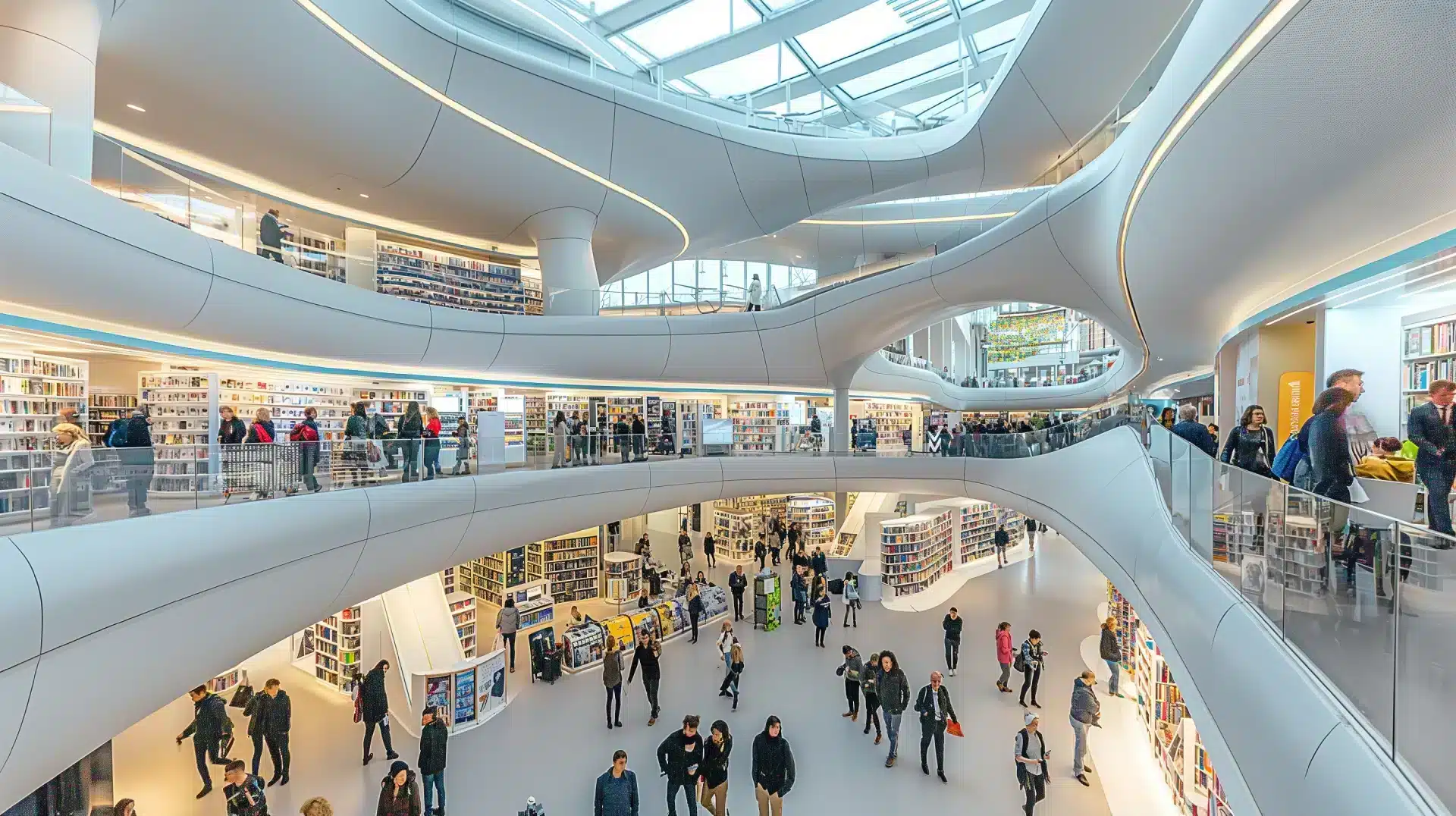 Eine geräumige, moderne Bibliothek mit futuristischem Design, das an die architektonischen Meisterwerke der Frankfurter Buchmesse erinnert. Auf mehreren Ebenen und über geschwungene Gänge können Besucher in Regalen stöbern und durch Räume schlendern, die dank großer Glasdecken in natürliches Licht getaucht sind.