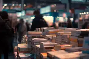 Ein großer Stapel Bücher auf den Tischen der geschäftigen Frankfurter Buchmesse. Im Hintergrund stöbern Besucher, bunte Lichter und Stände sorgen für eine lebendige Atmosphäre.