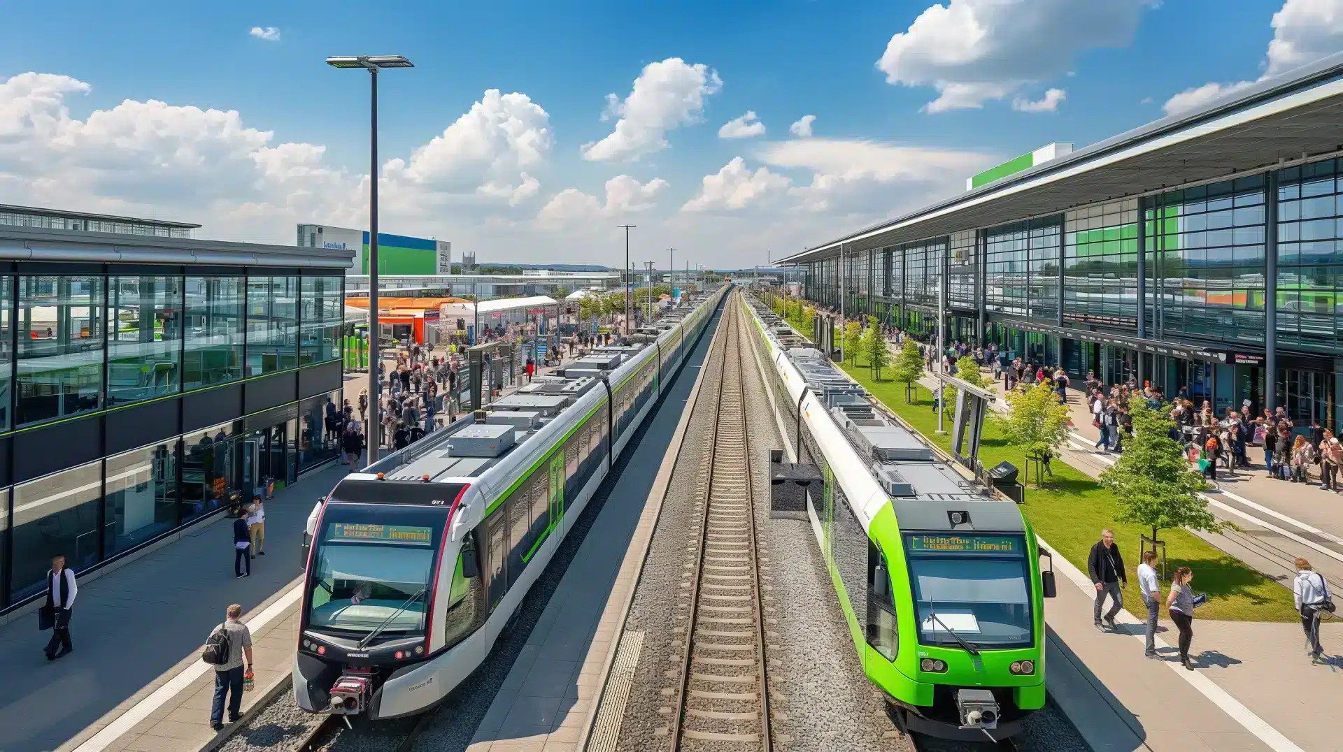 Zwei moderne Züge in einem geschäftigen Bahnhof, der an eine InnoTrans-Messe erinnert. Links und rechts stehen Menschen auf den Bahnsteigen. Der Himmel ist blau mit vereinzelten Wolken, und zu beiden Seiten der Gleise sind große Gebäude zu sehen.
