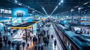 Ein geschäftiger Bahnhof mit modernem Design, das an die Innovationen der InnoTrans erinnert, zeigt zahlreiche Passagiere, die den Bahnsteig entlanglaufen. Ein abfahrender Zug ist verschwommen zu sehen. Helle Deckenbeleuchtung und farbenfrohe Schilder verleihen der Szene Lebendigkeit und fangen die Energie des städtischen Verkehrs ein.