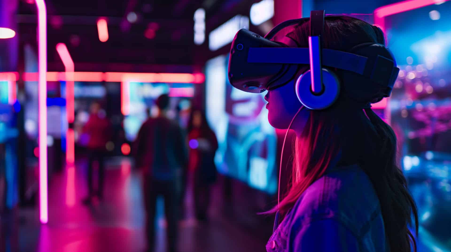 Eine Person mit VR-Headset und Kopfhörern ist an einem modernen Messestand von einem virtuellen Erlebnis gefesselt. Neonpinke und blaue Lichter erhellen den dunklen Raum, im Hintergrund sind verschwommene Silhouetten von Menschen und Bildschirmen zu sehen.