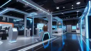 Ein futuristischer Ausstellungsraum, der an einen modernen Messestand erinnert, mit beleuchteten Displays und Bildschirmen, eleganter Architektur und leuchtend blauen Akzenten. Moderne Technologiestationen und interaktive Panels sind in der glänzenden Hightech-Umgebung verteilt.