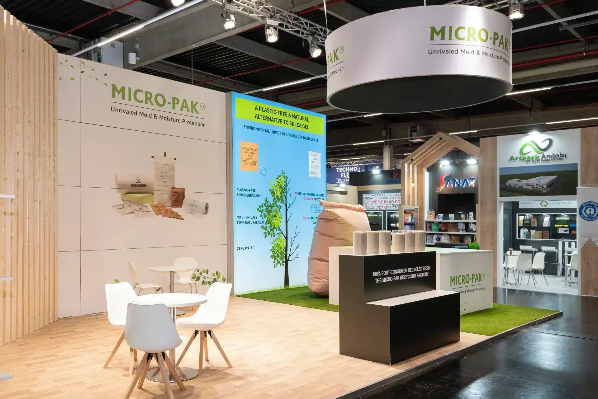 Nachhaltiger Messestand von Micro-Pak auf der FachPack 2024 Nürnberg mit Infotafeln zu plastikfreien und biologisch abbaubaren Lösungen.