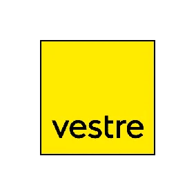 Logo der Marke Vestre: gelbes Quadrat mit dem Schriftzug vestre in schwarzer Kleinschreibung, als Kundenreferenz im Messebau.