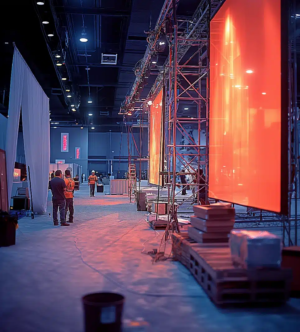 Ein geräumiger Industrieraum mit großen orangefarbenen Bildschirmen auf Metallrahmen, die stimmungsvolles Licht verbreiten – eine Atmosphäre, die stark an modernes Messestand Design erinnert. Menschen sind im Raum verteilt und unterhalten sich. Geräte und Materialien sind in der Nähe auf Paletten gestapelt.