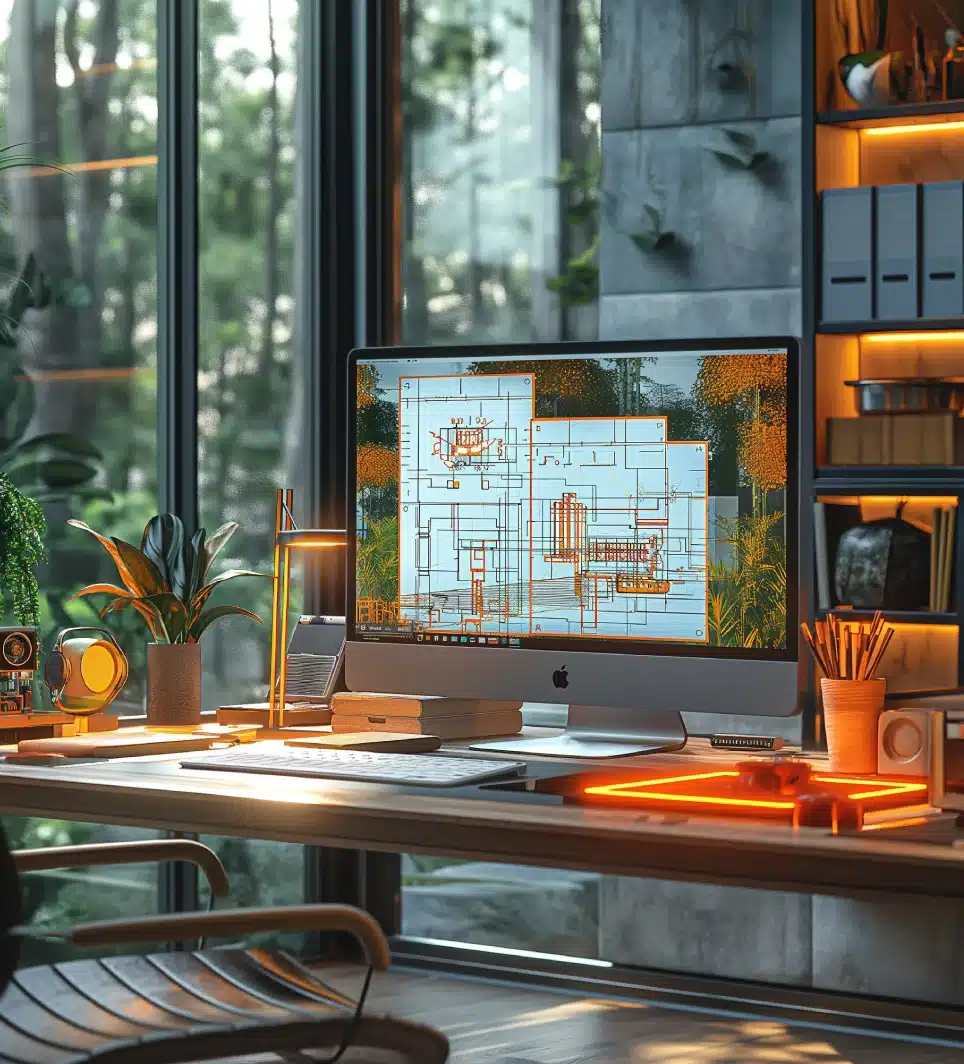 Ein moderner Arbeitsplatz mit einem Computer, der Architekturpläne anzeigt – möglicherweise im Kontext von Messestand Design. Auf dem Schreibtisch stehen eine Pflanze, eine Lampe, eine Kamera und verschiedene Schreibwaren. Große Fenster geben den Blick auf die üppig grüne Landschaft frei und schaffen eine helle und einladende Atmosphäre.