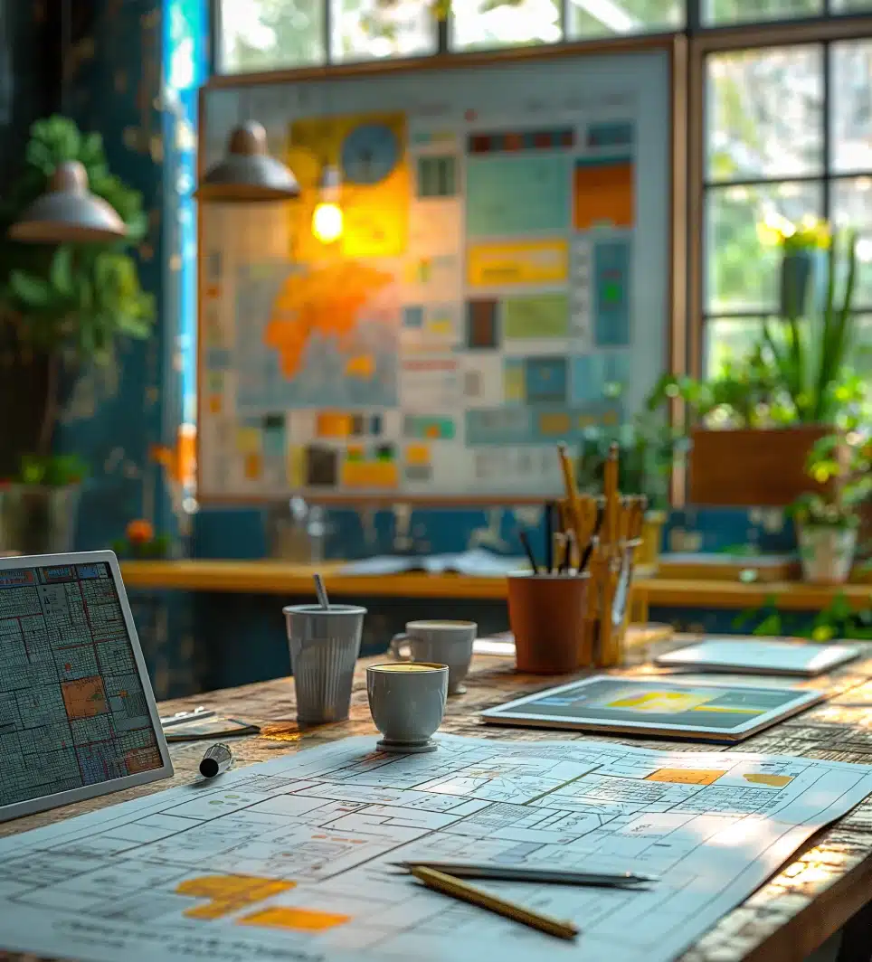 Ein hell erleuchteter Arbeitsplatz mit einem Holztisch voller Baupläne, einem Laptop und einem Tablet – ideal für kreative Prozesse im Bereich Messestand Design. Kaffeetassen und Schreibwaren liegen verstreut herum. Ein großes, buntes Schwarzes Brett ziert den Hintergrund. Natürliches Licht strömt durch große Fenster.