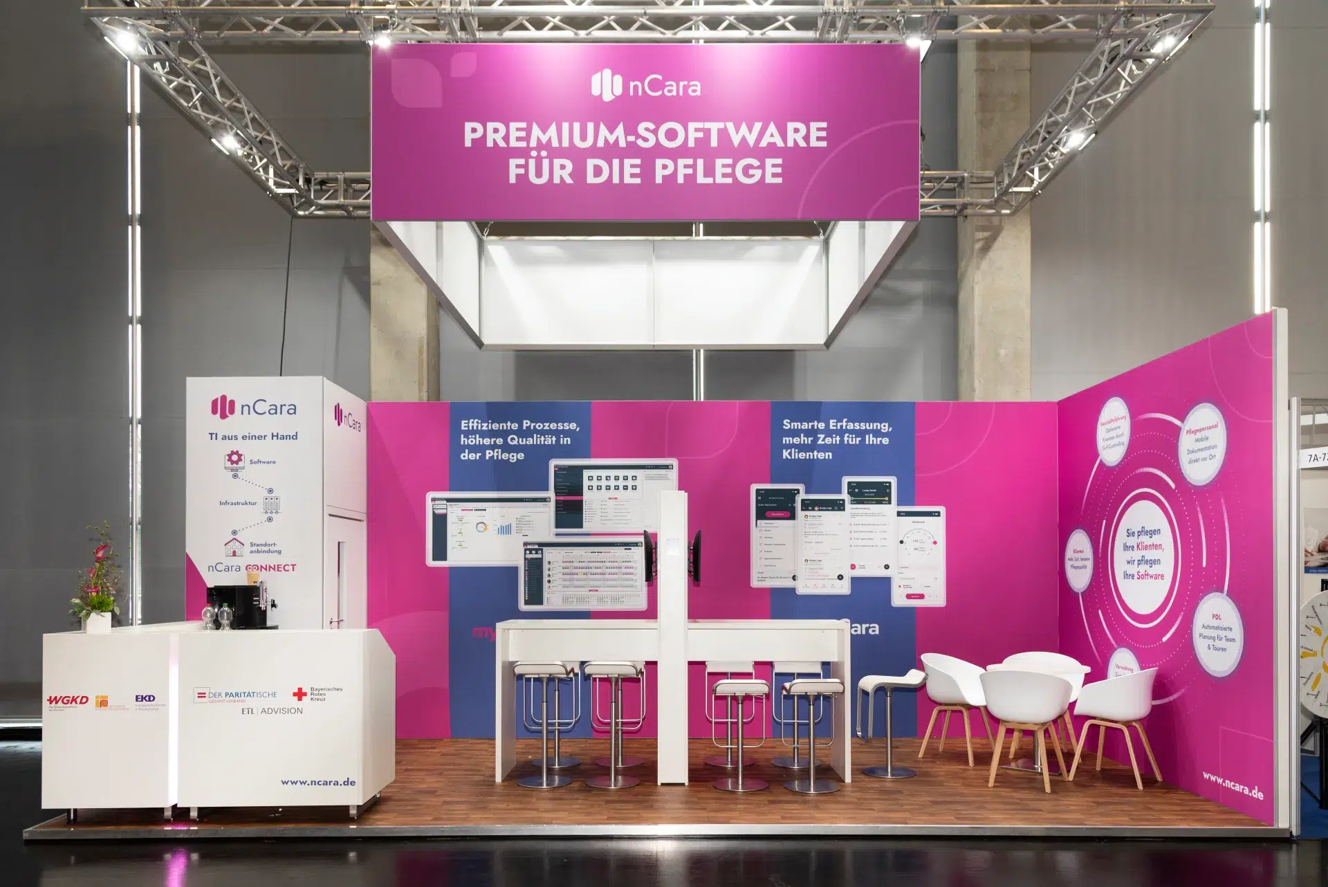 Messebau Nürnberg – moderner Messestand von nCara mit Premium-Software für die Pflege auf der Altenpflegemesse 2025.