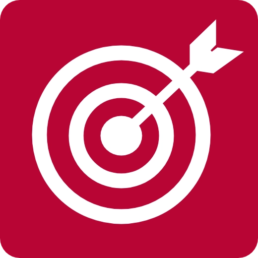 Rotes Icon für die Ziele von Hikmicro mit weißer Zielscheibe und Pfeil, der ins Zentrum trifft, als Symbol für Zielgenauigkeit.