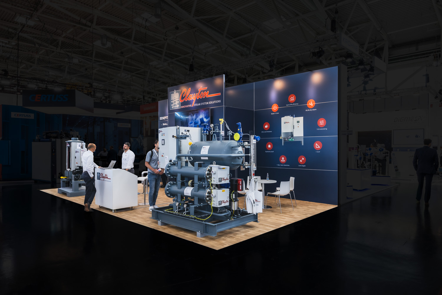 Moderner Messestand von Clayton auf der Drinktec 2025 in München mit innovativen Dampfsystemlösungen – professioneller Messebau München.