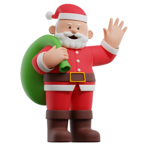 Winkende 3D-Weihnachtsmann-Figur im roten Anzug mit grünem Geschenkesack als Gruß zum Weihnachtsurlaub.